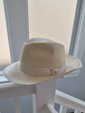 Stefano Ricci Natural Palm Straw Fedora Hat With Silver Detail And White Ribbon